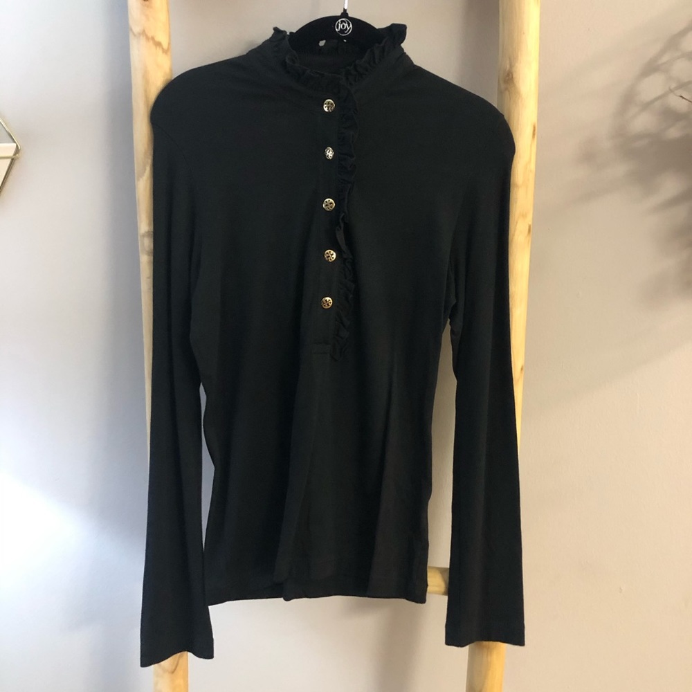 Tory Burch Black Button Up ruffle neck blouse
